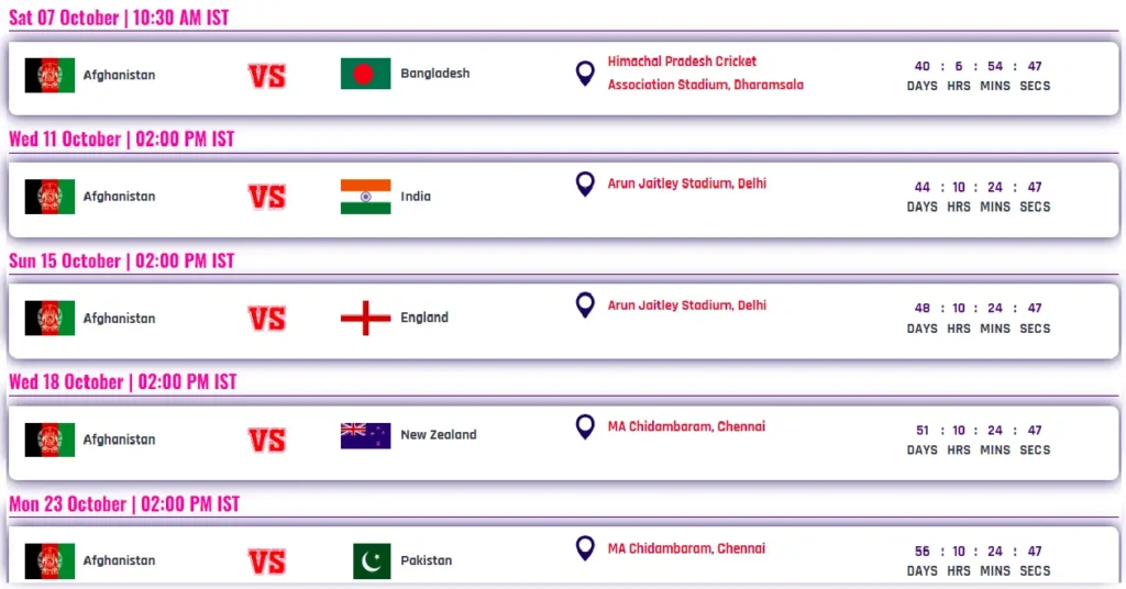 Afghanistan schedule for CWC23