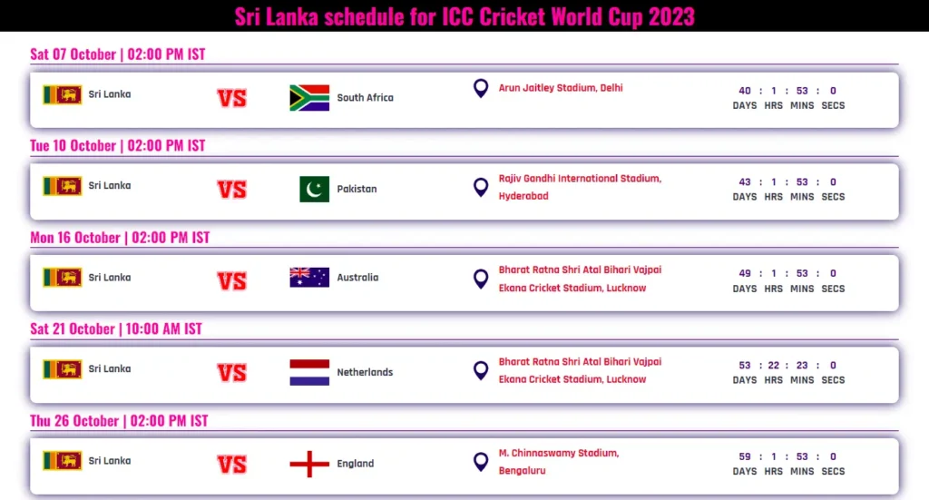 Sl schedule for CWC 2023